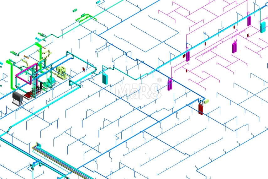 Commercial sprinkler BIM model showing fire protection piping